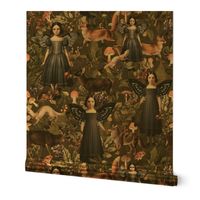 Victorian gothic halloween aesthetic Fairytale, goth little girl fairies and wild animals in sepia toned autumn woodland -  dark oliv green wallaper