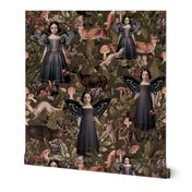 Victorian gothic halloween aesthetic Fairytale, goth little girl fairies and wild animals in sepia toned autumn woodland -  dark oliv green wallaper