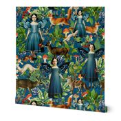 Victorian gothic halloween aesthetic Fairytale, goth little girl fairies and wild animals in blue autumn woodland -  dark oliv green wallaper