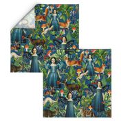 21" Victorian gothic halloween aesthetic Fairytale, goth little girl fairies and wild animals in autumn blue woodland -  dark oliv green wallaper