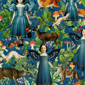 21" Victorian gothic halloween aesthetic Fairytale, goth little girl fairies and wild animals in autumn blue woodland -  dark oliv green wallaper