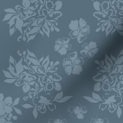 Monochrome_Damask_Inspired, Blue Flowers and Florals