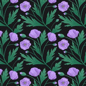 Purple Poppies on Black 8x8