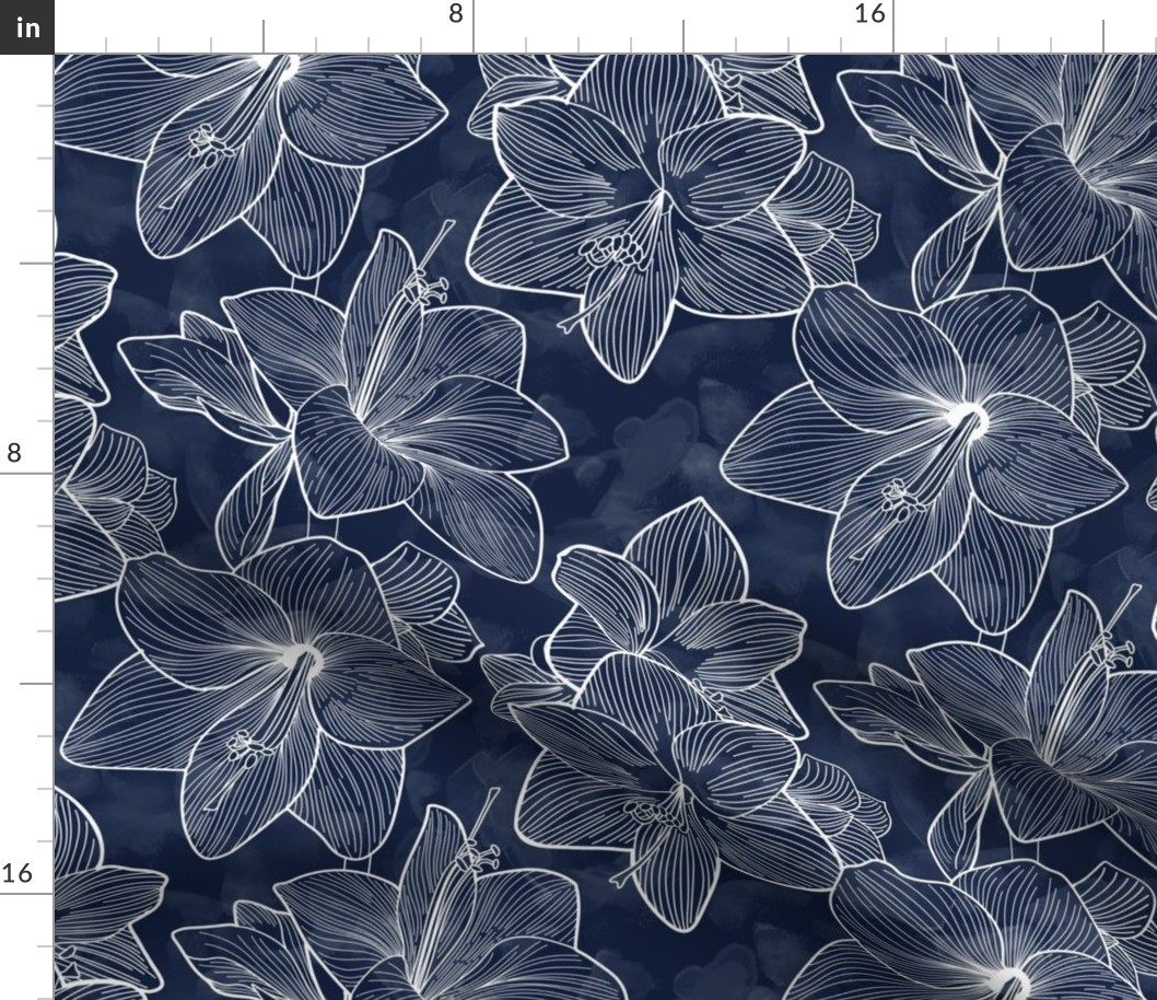 Amaryllis Belladonna Flower Line Drawings on Deep Cobalt Blue