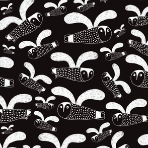 Block print style owls: white on black - medium 