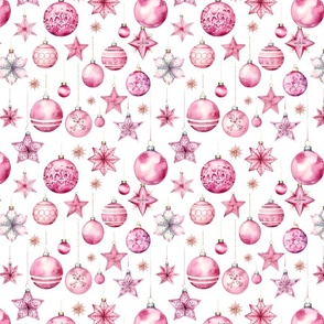 Christmas Joy Pastel Pink Watercolor X-Mas Ornaments On White Smaller Scale