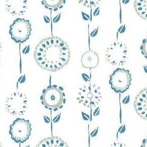 Primitive Printed Circle Flowers Wallpaper in Soft Green and Blue 4" Fabric