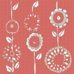 Primitive Printed Circle Flowers Wallpaper in Red and white 6" Fabric