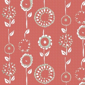 Primitive Printed Circle Flowers Wallpaper in Red and white 12" Fabric