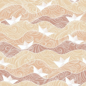 Paper Boat Beige Latte Brown White Water Waves