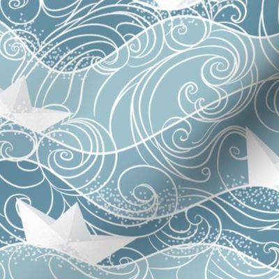 Paper Boats Teal Blue White Water Waves