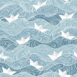 Paper Boats Teal Blue White Water Waves