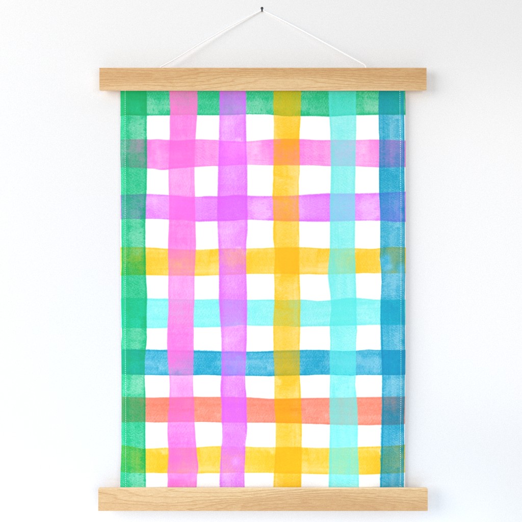 Large - Rainbow watercolor plaid gingham check - pink green blue orange red and yellow - trendy bold and bright pastel nursery - spring summer easter picnic
