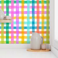 Large - Rainbow watercolor plaid gingham check - pink green blue orange red and yellow - trendy bold and bright pastel nursery - spring summer easter picnic