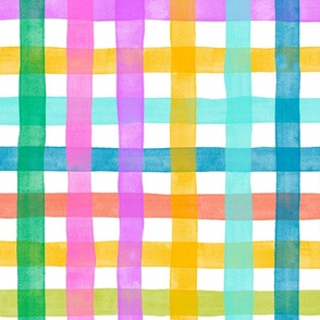 Large - Rainbow watercolor plaid gingham check - pink green blue orange red and yellow - trendy bold and bright pastel nursery - spring summer easter picnic