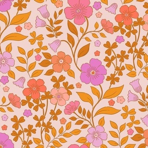 Vintage floral in warm tones ochre and hot pink