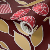 Art deco peonies in red and gold large scale