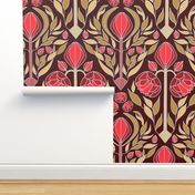 Art deco peonies in red and gold large scale