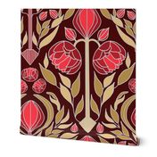 Art deco peonies in red and gold large scale