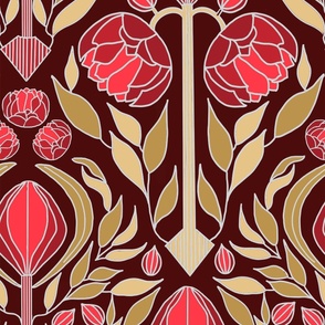 Art deco peonies in red and gold large scale