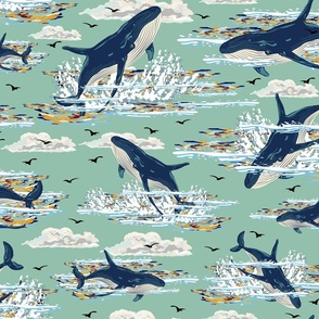 Sea Green Decor, Blue Whales Wallpaper, Jumping Shoal on Blue Ocean Waves, Nautical Mammals Swimming in the Sea
