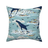 Vintage Blue Whales Decor, Jumping Whale Shoal on White Ocean Waves, Nautical Mammals Swimming in the Sea (Large Scale)