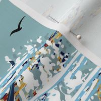Vintage Blue Whales Decor, Jumping Whale Shoal on White Ocean Waves, Nautical Mammals Swimming in the Sea (Large Scale)