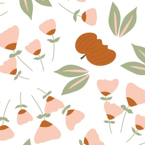 Jumbo Pumpkins and Flowers Pink and Orange | Fall Time Fabric | Neutral Fall Wallpaper