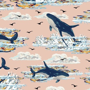 Powder Pink Blue Whales Decor, Jumping Whale Shoal on White Ocean Waves, Nautical Mammals Swimming in the Sea