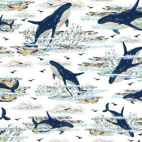White and Blue Whale Shoal for Home Decor, Jumping Whales on White Ocean Waves, Nautical Mammals Swimming in the Sea