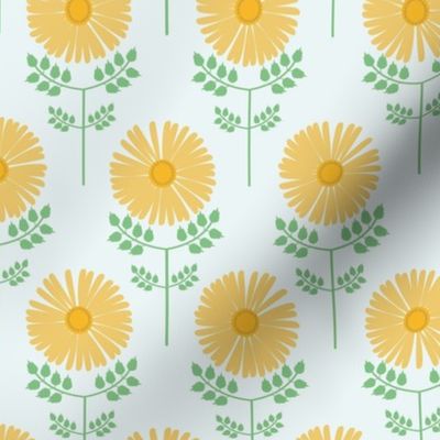 Medium-scale sweet daisy print in colors of golden yellow, orange, green, and aqua blue. 
