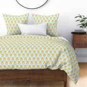Medium-scale sweet daisy print in colors of golden yellow, orange, green, and aqua blue. 
