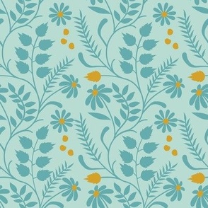 Small-Scale climbing vines and flower design in colors of teal, aqua blue, orange, and saffron yellow.  
