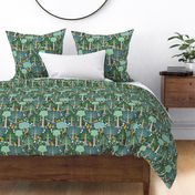 Medium-Scale enchanted woodland forest design with trees, rainbow trails, and woodland animals in colors of teal, aqua blue, green, yellow, dark teal grey, and golden orange. 
