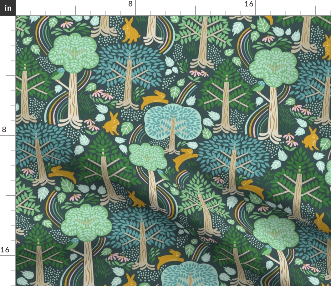 Medium-Scale enchanted woodland forest design with trees, rainbow trails, and woodland animals in colors of teal, aqua blue, green, yellow, dark teal grey, and golden orange. 
