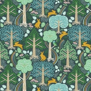 Small-Scale enchanted woodland forest design with trees, rainbow trails, and woodland animals in colors of teal, aqua blue, green, dark teal grey, yellow, and golden orange. 
