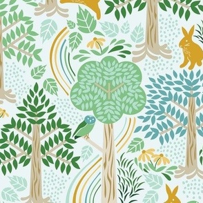 Medium-Scale enchanted woodland forest design with trees, rainbow trails, and woodland animals in colors of teal, aqua blue, green, yellow, and golden orange. 
