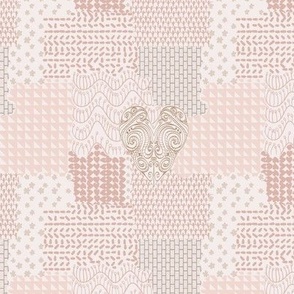 Tween love - dusky pink and tan. Pink hearts, tan  hearts, patchwork style fabric design