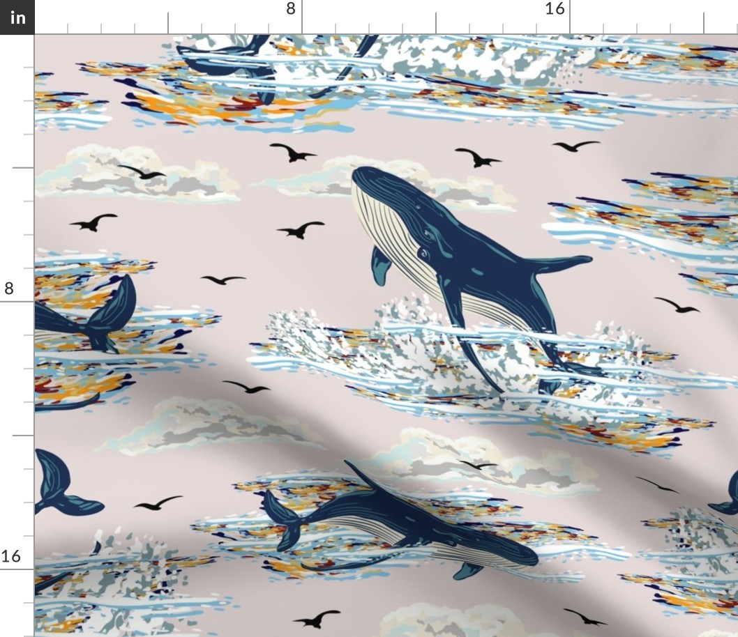 Jumping Whales Swimming in the Sea, White and Blue Whale Shoal, Ocean Waves Splashing, Nautical Mammals 