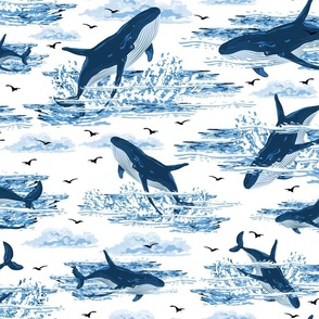 Blue and White Toile de Jouy Ocean Whale Swimming in the Sea, Jumping Whale Shoal, Ocean Waves Splashing, Nautical Mammals 