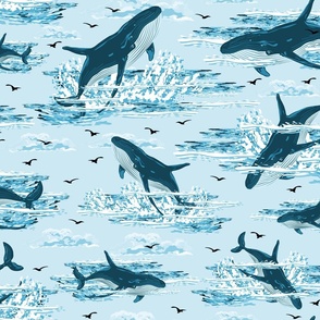 Blue Monochrome Toile de Jouy Ocean Whale Swimming in the Sea, Jumping Whale Shoal, Ocean Waves Splashing, Nautical Mammals 