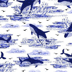 Toile De Jouy Blue Whale Swimming in the Sea, Jumping Whales Shoal, Ocean Waves Splashing, Nautical Mammals 