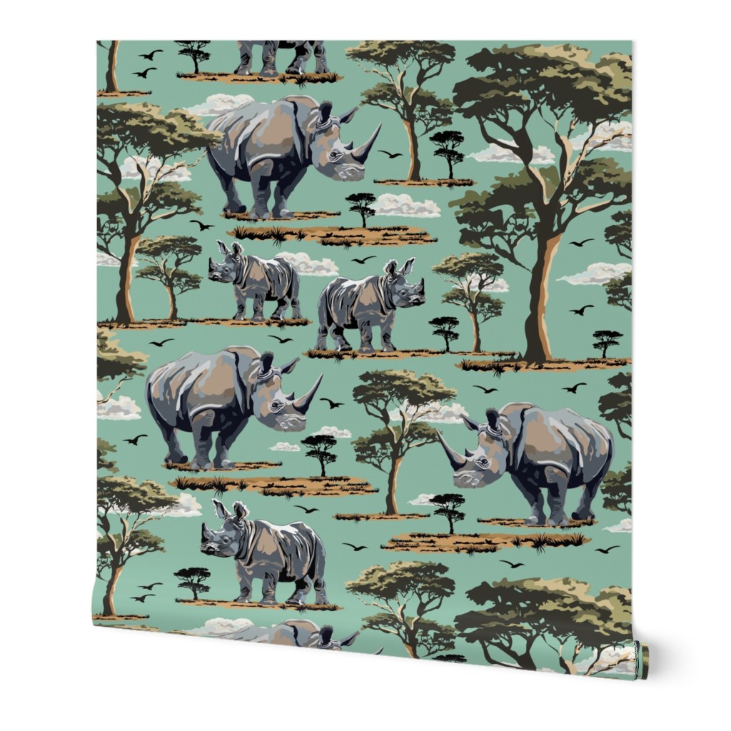 Wild Animal Safari Print, African Baby Rhino Rhinoceros in the Desert, Green Acacia Trees