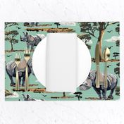 Wild Animal Safari Print, African Desert Baby Rhino Rhinoceros, Green Acacia Trees, Lush Teal Green Desert Landscape, Baby Rhino Adventure, Acacia Tree Silhouette, Savannah Desert Flying Bird Silhouette, Wildlife Nursery Print, Desert Sunset Safari Mother