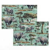 Wild Animal Safari Print, African Desert Baby Rhino Rhinoceros, Green Acacia Trees, Lush Teal Green Desert Landscape, Baby Rhino Adventure, Acacia Tree Silhouette, Savannah Desert Flying Bird Silhouette, Wildlife Nursery Print, Desert Sunset Safari Mother