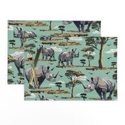 Wild Animal Safari Print, African Desert Baby Rhino Rhinoceros, Green Acacia Trees, Lush Teal Green Desert Landscape, Baby Rhino Adventure, Acacia Tree Silhouette, Savannah Desert Flying Bird Silhouette, Wildlife Nursery Print, Desert Sunset Safari Mother