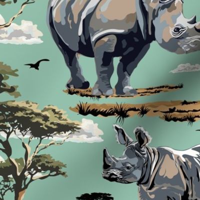 Wild Animal Safari Print, African Baby Rhino Rhinoceros in the Desert, Green Acacia Trees