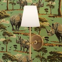 Wild Animal Safari Print, African Desert Baby Rhino Rhinoceros, Green Acacia Trees, Lush Teal Green Desert Landscape, Baby Rhino Adventure, Acacia Tree Silhouette, Savannah Desert Flying Bird Silhouette, Wildlife Nursery Print, Desert Sunset Safari Mother