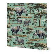 Wild Animal Safari Print, African Desert Baby Rhino Rhinoceros, Green Acacia Trees, Lush Teal Green Desert Landscape, Baby Rhino Adventure, Acacia Tree Silhouette, Savannah Desert Flying Bird Silhouette, Wildlife Nursery Print, Desert Sunset Safari Mother