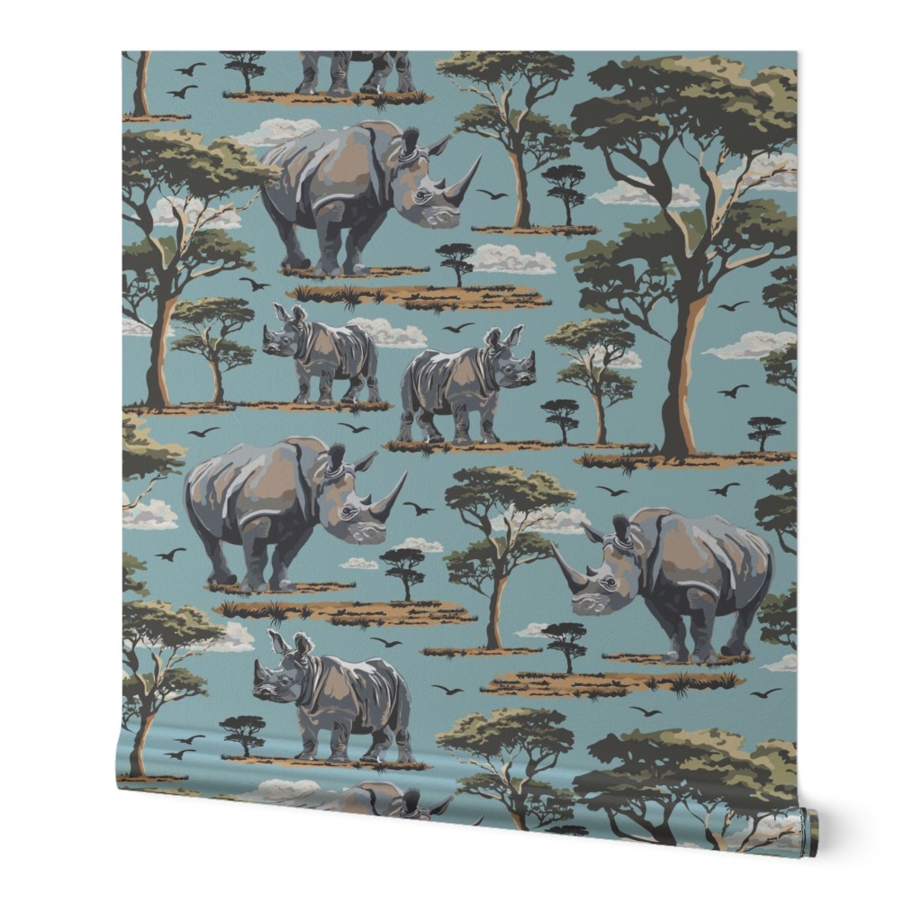 Rhino Safari Print, African Wild Animal Baby Rhino Rhinoceros in the Desert, Green Acacia Trees